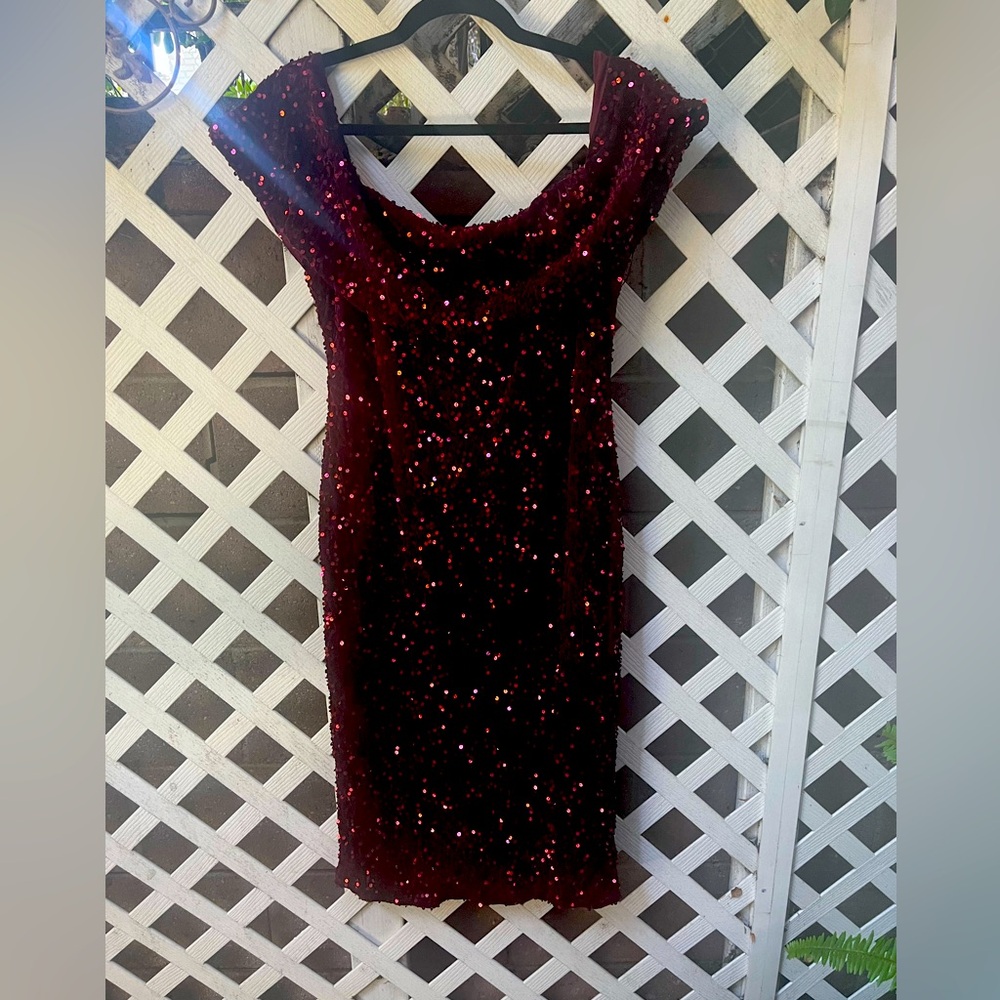 Brand New With Tags Deep Red Sequin Off Shoulder Cocktail Dress- Fashion Nova